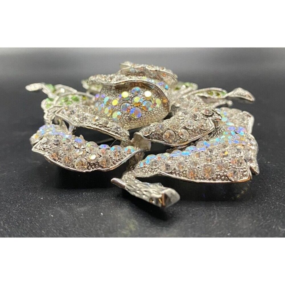 AB Clear Crystal Rose Brooch Huge 4" Silver Tone Thorns Green Leaves Rosebud - Picture 6 of 8